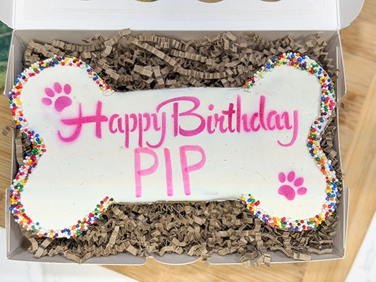 Large Dog Birthday Bone Treat- 6" Handmade Birthday Cookie with Yogurt Icing & Sprinkles (Gift Box Included)