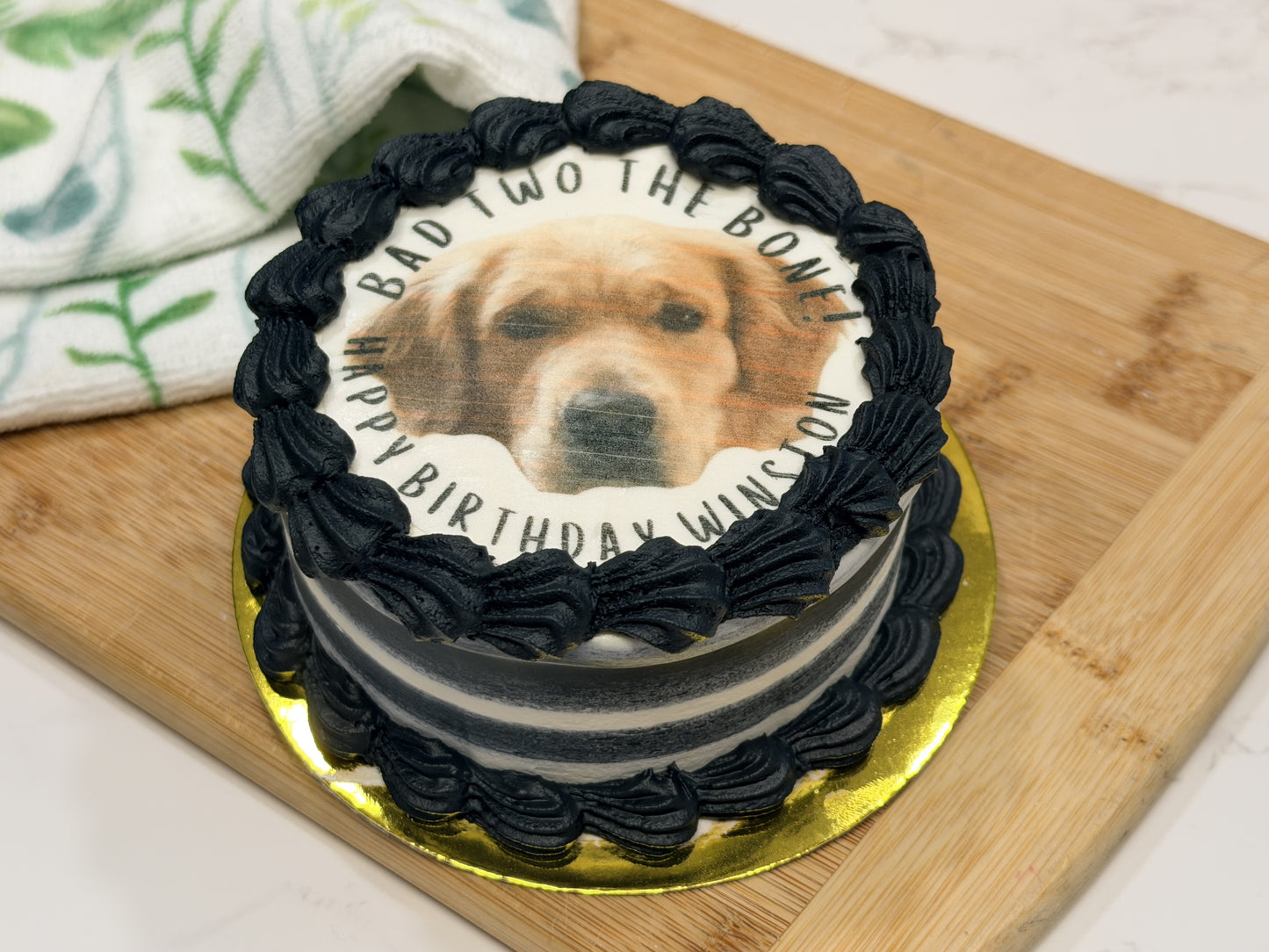 Custom Dog Birthday Cake with Photo – 4” Vintage Style Puppy Cake