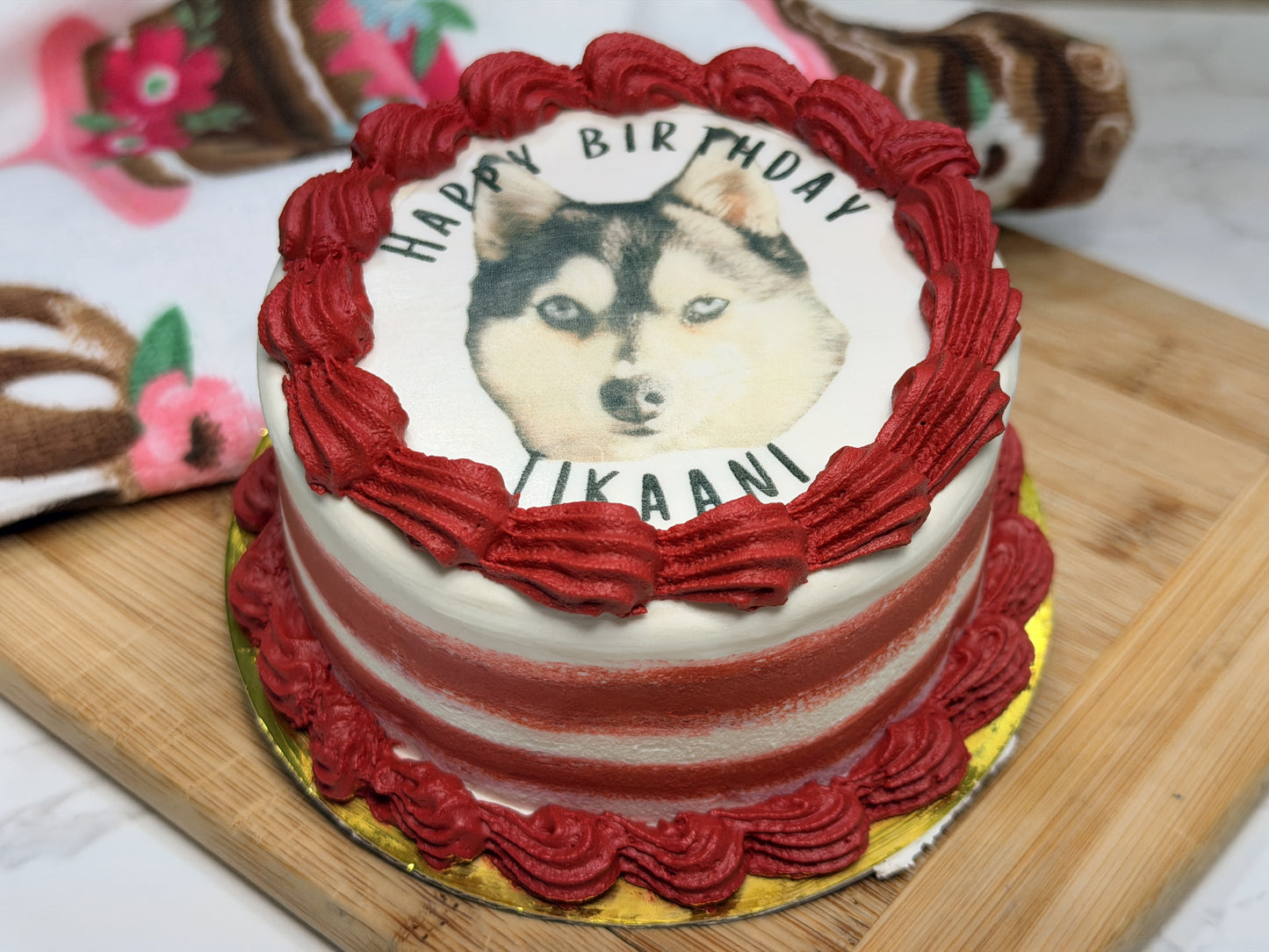 Custom Dog Birthday Cake with Photo – 4” Vintage Style Puppy Cake