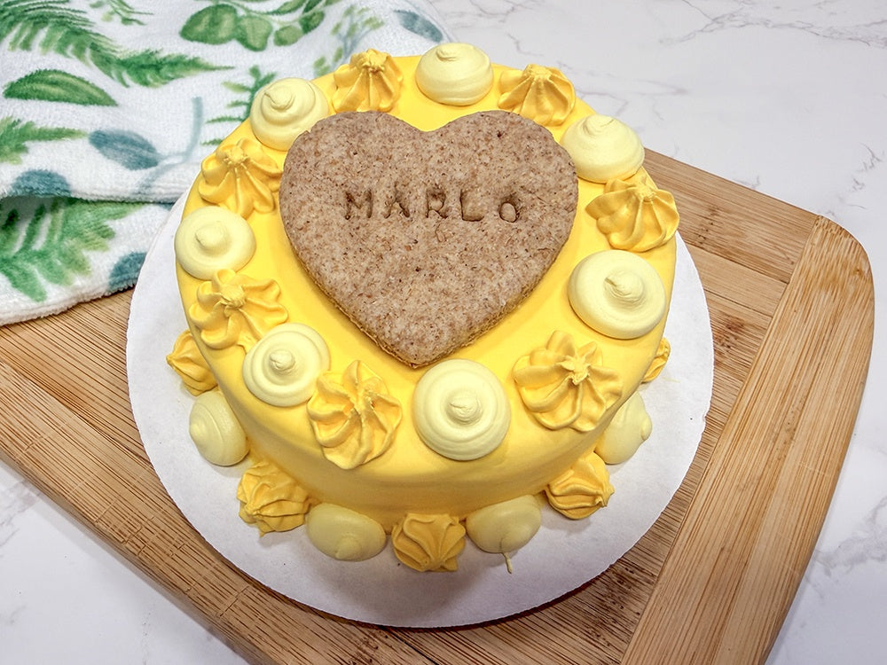 Vintage Style Dog Birthday Cake with Custom Name Bone Cookie Topper | All Natural Dog Safe Cake