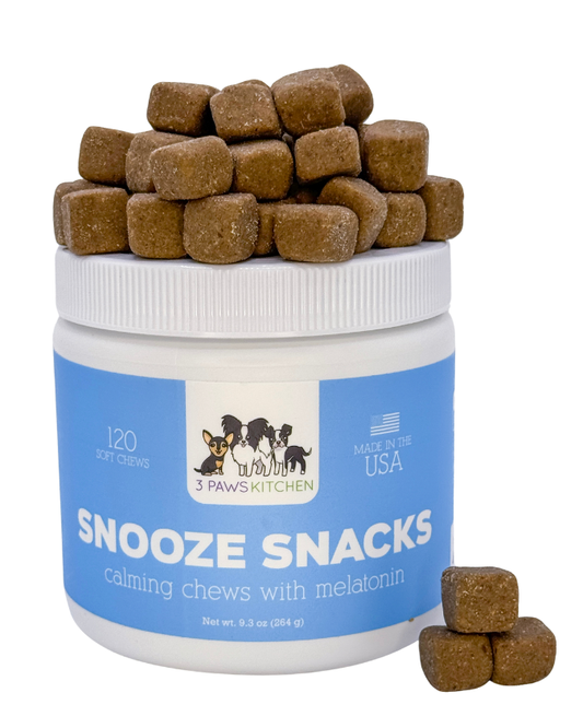 3 Paws Kitchen Snooze Snacks - Calming Chews for Dogs with Melatonin, L-theanine, Valerian Root & Chamomile (120 Soft Chews)