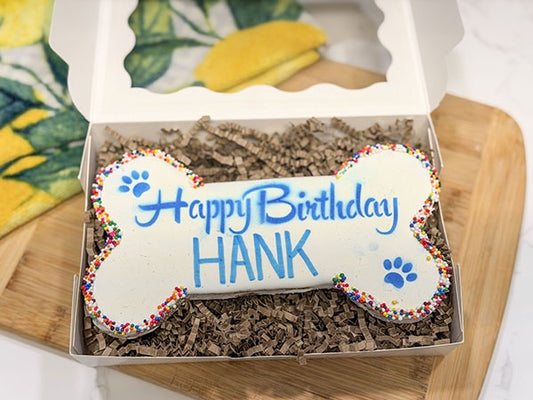 Large Dog Birthday Bone Treat- 6" Handmade Birthday Cookie with Yogurt Icing & Sprinkles (Gift Box Included)