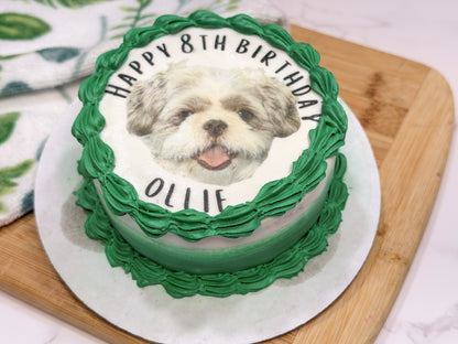 Custom Dog Birthday Cake with Photo – 4” Vintage Style Puppy Cake