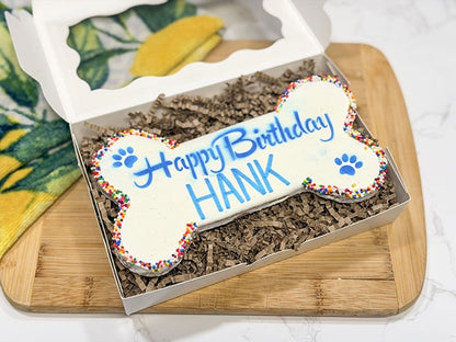 Large Dog Birthday Bone Treat- 6" Handmade Birthday Cookie with Yogurt Icing & Sprinkles (Gift Box Included)