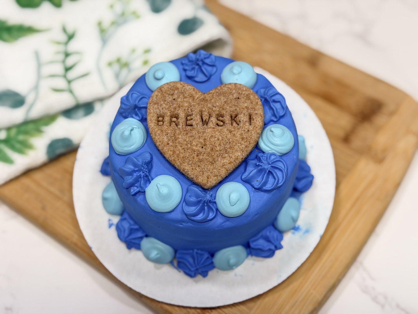 Vintage Style Dog Birthday Cake with Custom Name Bone Cookie Topper | All Natural Dog Safe Cake