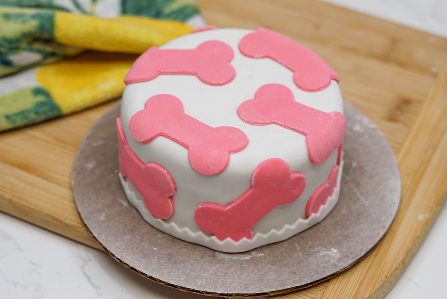 Small dog celebrating birthday with a 4-inch dog-friendly birthday cake decorated with colorful bones