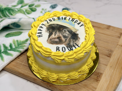 Custom Dog Birthday Cake with Photo – 4” Vintage Style Puppy Cake
