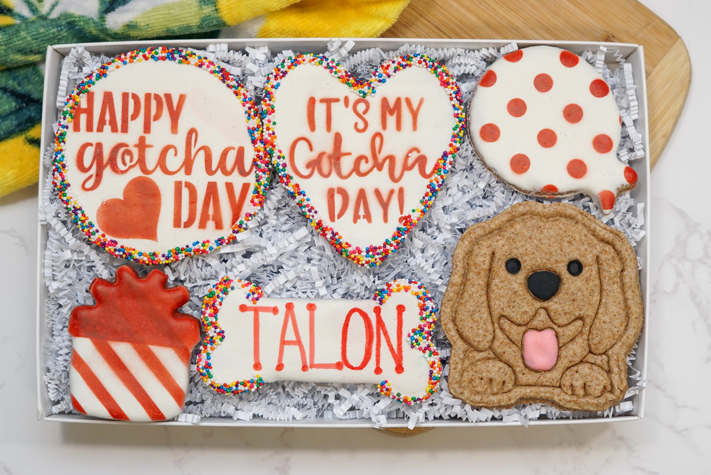 Custom Dog Adoption Box  | Welcome Home Happy Gotcha Day Dog Treat 6 Cookie Gift Box